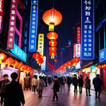 **A bustling Shanghai street scene at night. Futuristic architecture glows with neon lights, alongside traditional Chinese lanterns. Focus on the vibrant energy and the mix of old and new. People are paying with Alipay and WeChat Pay on their phones.**