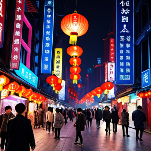 **A bustling Shanghai street scene at night. Futuristic architecture glows with neon lights, alongside traditional Chinese lanterns. Focus on the vibrant energy and the mix of old and new. People are paying with Alipay and WeChat Pay on their phones.**