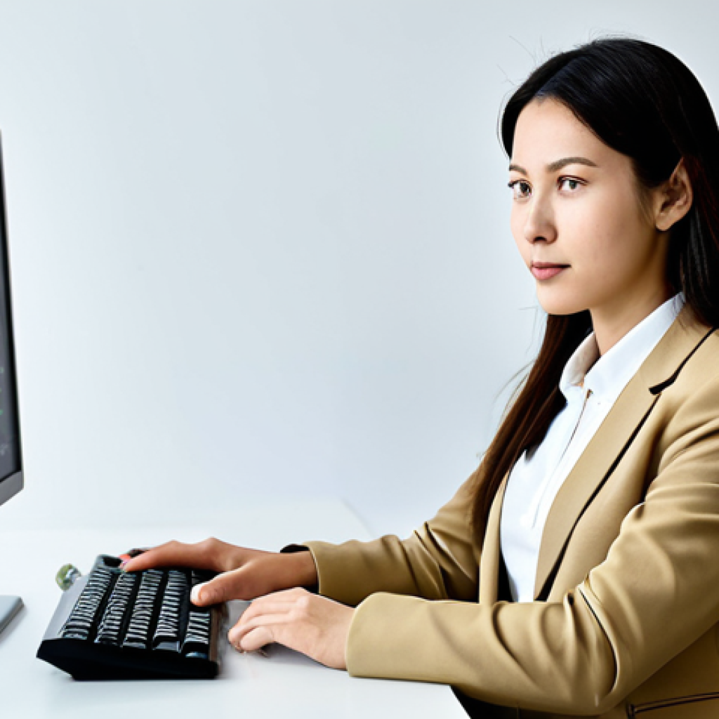 A professional and intelligent female translator of Italian ethnicity, dressed in modest, contemporary business casual attire, seated at a modern, ergonomic desk in a well-lit, minimalist office. She is intently focused on a large computer monitor displaying advanced translation software with visible Chinese characters and integrated AI features. Her hands are naturally posed near the keyboard, indicating active engagement. The background is clean and professional, with subtle elements like a well-organized bookshelf or a modern plant. Perfect anatomy, correct proportions, well-formed hands, proper finger count, natural body proportions, natural pose, professional photography, high resolution, soft lighting, safe for work, appropriate content, fully clothed, professional dress, family-friendly.