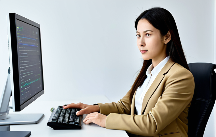 A professional and intelligent female translator of Italian ethnicity, dressed in modest, contemporary business casual attire, seated at a modern, ergonomic desk in a well-lit, minimalist office. She is intently focused on a large computer monitor displaying advanced translation software with visible Chinese characters and integrated AI features. Her hands are naturally posed near the keyboard, indicating active engagement. The background is clean and professional, with subtle elements like a well-organized bookshelf or a modern plant. Perfect anatomy, correct proportions, well-formed hands, proper finger count, natural body proportions, natural pose, professional photography, high resolution, soft lighting, safe for work, appropriate content, fully clothed, professional dress, family-friendly.