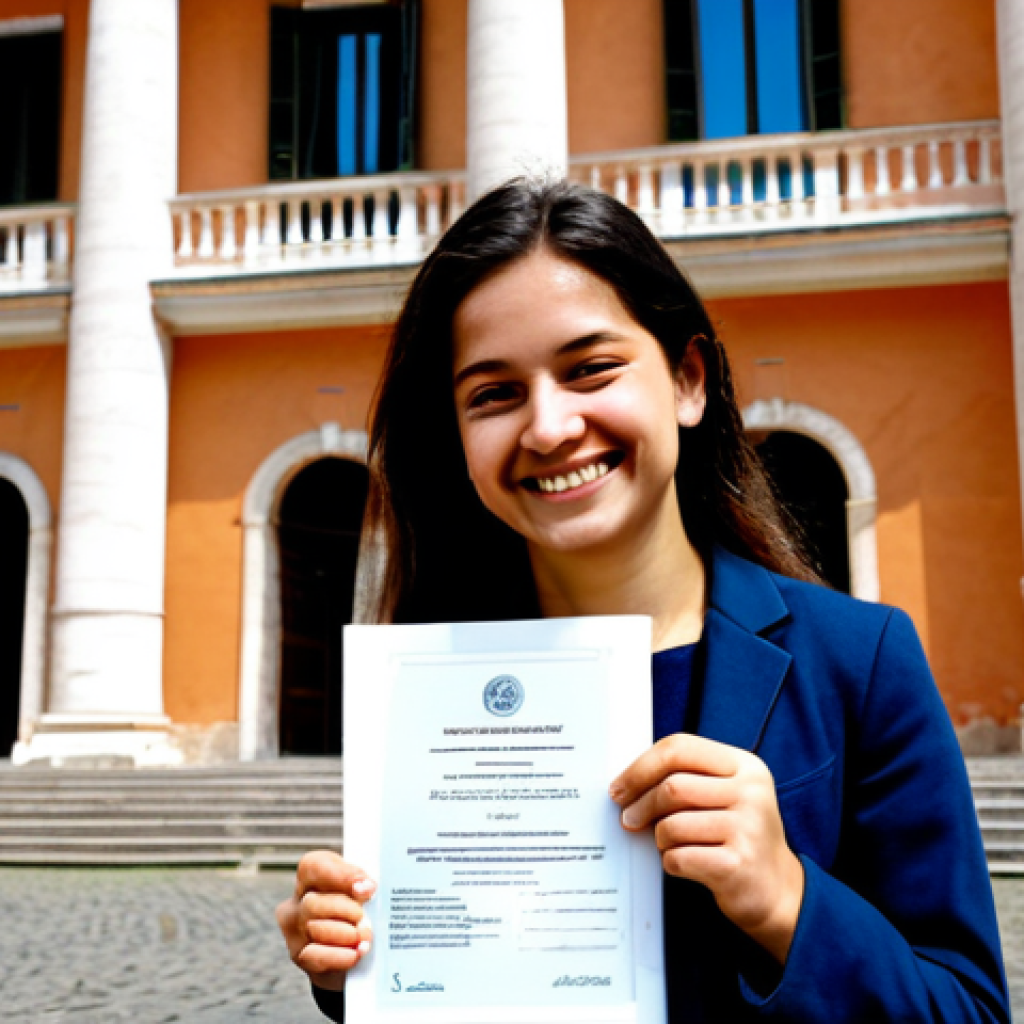 Language Learning Success**
"A young adult, smiling confidently and holding a language certification (e.g., Goethe-Zertifikat), standing in front of a university building in Rome, Italy. Dressed in smart casual, appropriate attire. The scene is bright and optimistic. Safe for work, family-friendly, fully clothed, perfect anatomy, correct proportions, professional quality, well-formed hands. Focus on achievement and academic success."
**