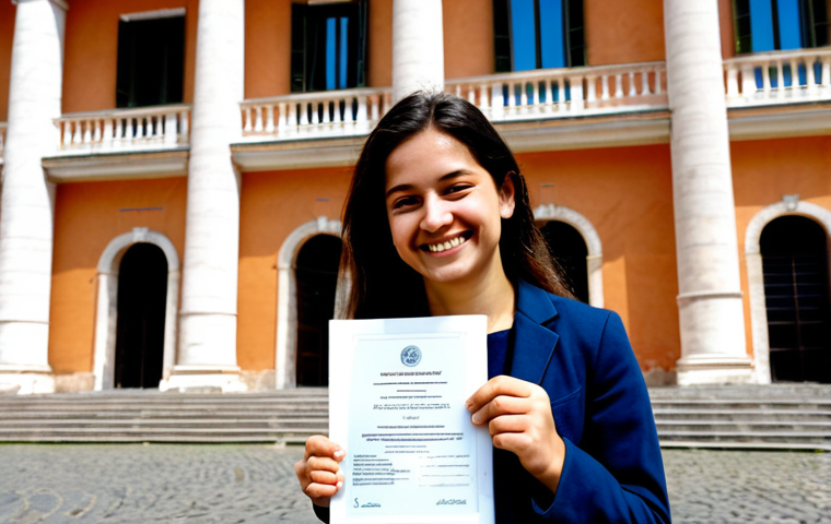 Language Learning Success**
"A young adult, smiling confidently and holding a language certification (e.g., Goethe-Zertifikat), standing in front of a university building in Rome, Italy. Dressed in smart casual, appropriate attire. The scene is bright and optimistic. Safe for work, family-friendly, fully clothed, perfect anatomy, correct proportions, professional quality, well-formed hands. Focus on achievement and academic success."
**