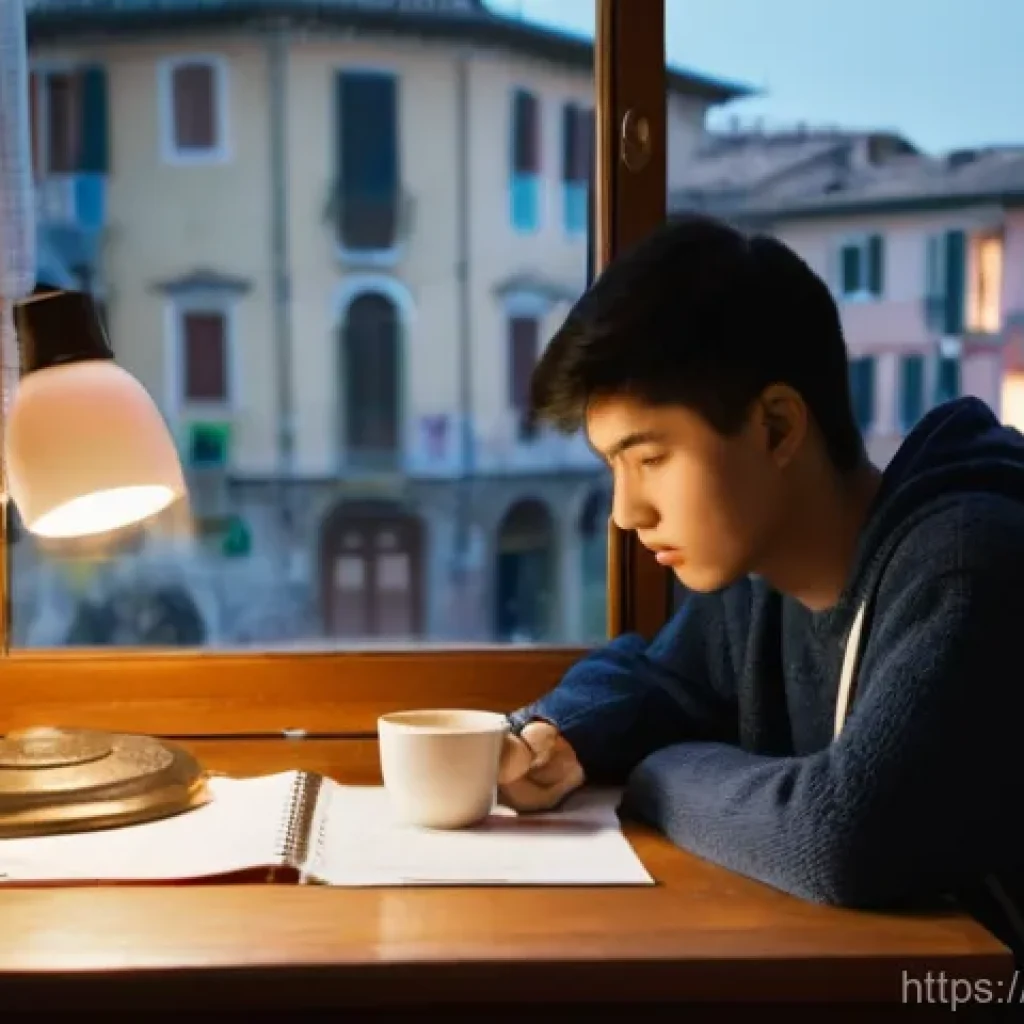 HSK 시험 후 점수 발표 기다리는 법 - **Prompt:** A young Italian student, around 20-25 years old, sits at a desk in their cozy, slightly ...