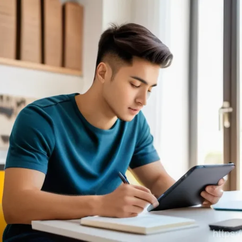 중국어 듣기 시험 대비 방법 - A focused young Italian man, in his early twenties, sitting at a modern, clean desk in a brightly li...
