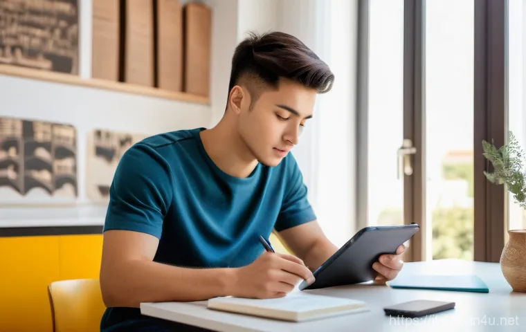 중국어 듣기 시험 대비 방법 - A focused young Italian man, in his early twenties, sitting at a modern, clean desk in a brightly li...