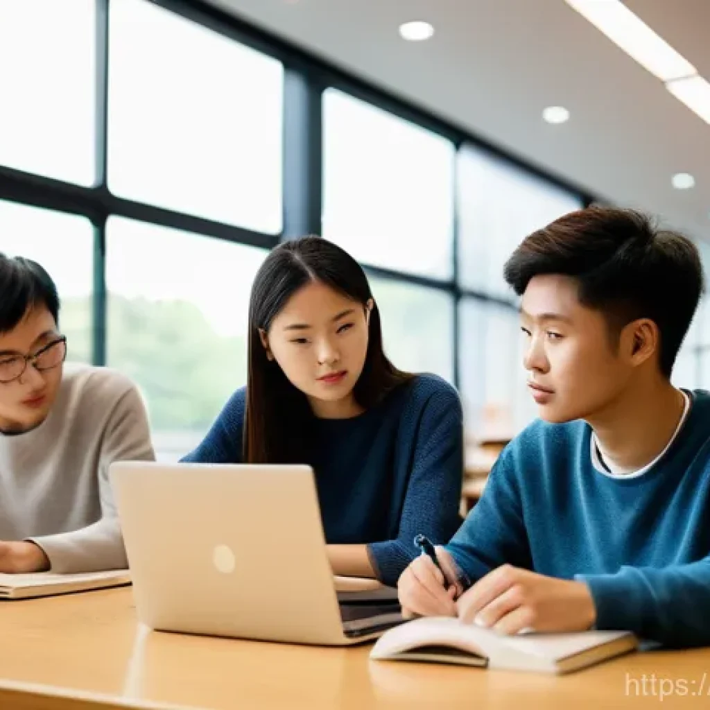 HSK 고득점 목표 설정 방법 - **Prompt:** A diverse group of four young adults (two men, two women, ages 20-25) diligently studyin...