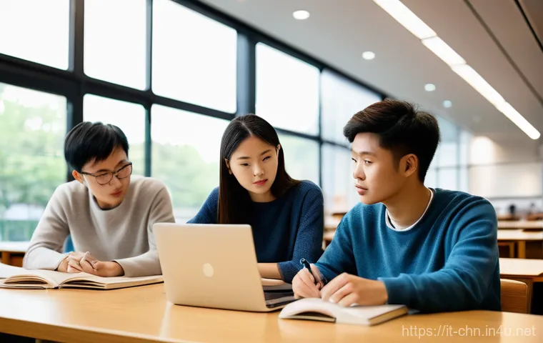 HSK 고득점 목표 설정 방법 - **Prompt:** A diverse group of four young adults (two men, two women, ages 20-25) diligently studyin...