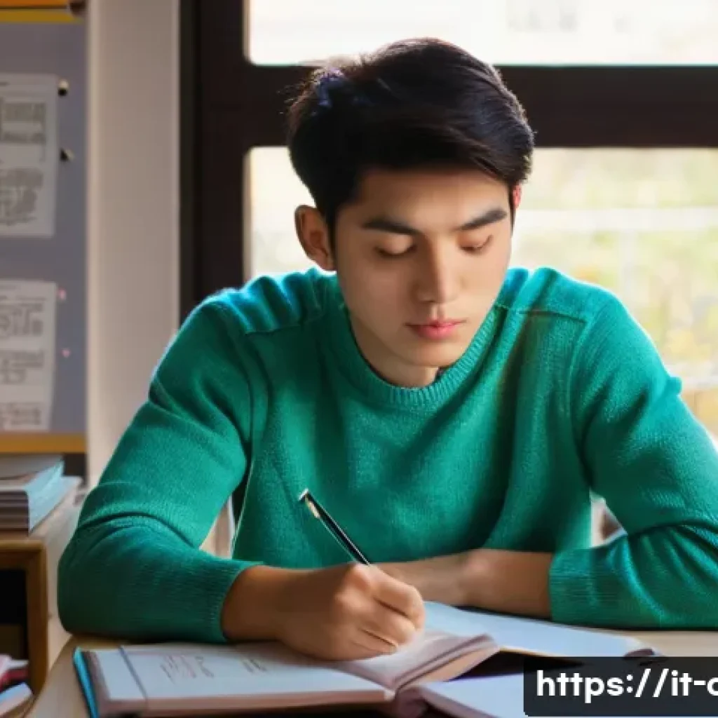 HSK 독해 파트 점수 올리기 - **Prompt:** A focused young Italian student, in their late teens or early twenties, sits at a bright...