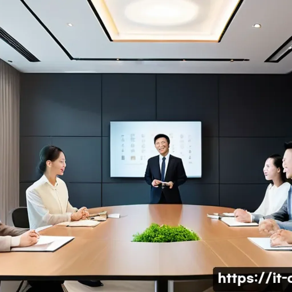 중국어 실무에 필요한 어휘 정리 - A modern professional Chinese office meeting room with a diverse group of business people in formal ...