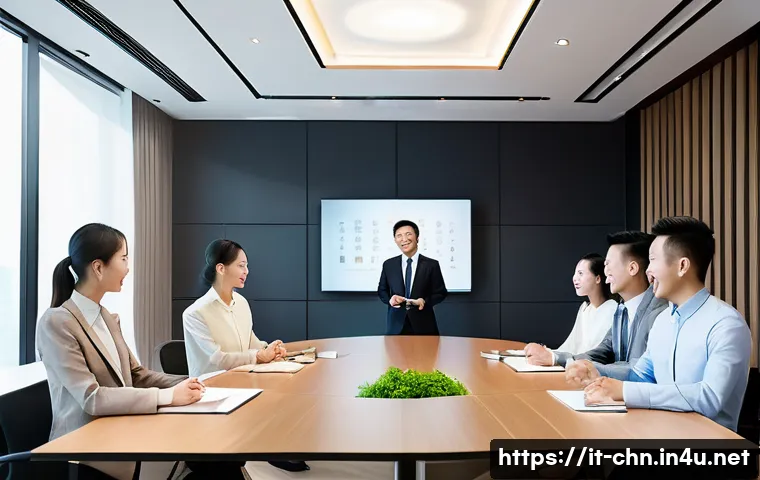 중국어 실무에 필요한 어휘 정리 - A modern professional Chinese office meeting room with a diverse group of business people in formal ...
