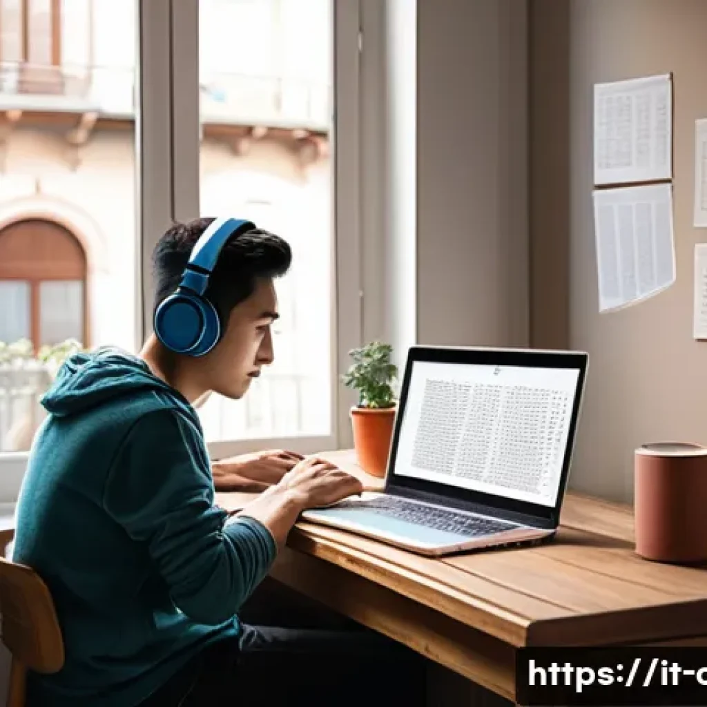 중국어 듣기 훈련을 위한 팟캐스트 추천 - A cozy modern study room with an Italian learner sitting at a wooden desk, wearing casual clothes an...