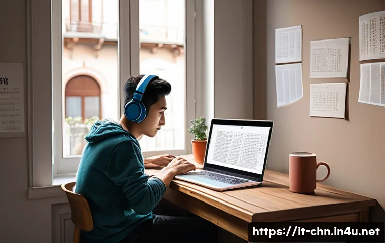 중국어 듣기 훈련을 위한 팟캐스트 추천 - A cozy modern study room with an Italian learner sitting at a wooden desk, wearing casual clothes an...