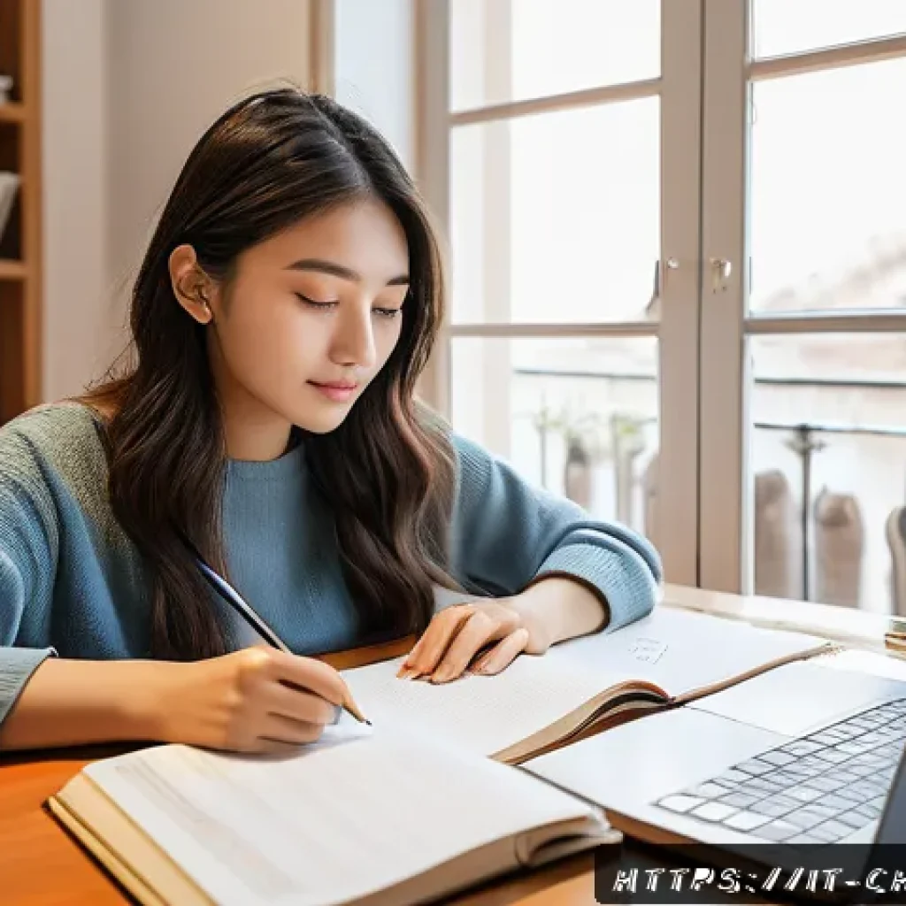 HSK 성적표 해석 방법 - A professional young Italian woman studying Chinese language at home, surrounded by textbooks, noteb...