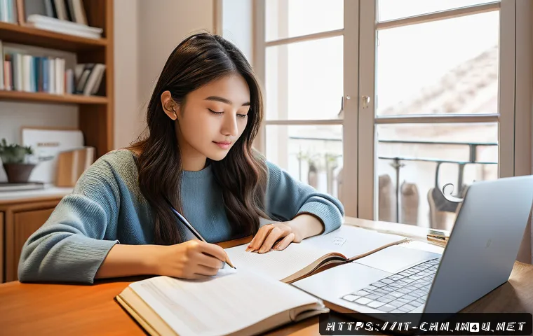 HSK 성적표 해석 방법 - A professional young Italian woman studying Chinese language at home, surrounded by textbooks, noteb...