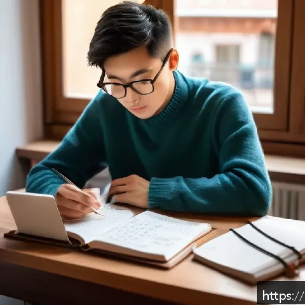 HSK 시험장 경험 공유 - A cozy, sunlit study room in a modern Italian apartment, featuring a young adult sitting at a wooden...