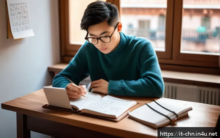 HSK 시험장 경험 공유 - A cozy, sunlit study room in a modern Italian apartment, featuring a young adult sitting at a wooden...