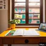 중국어 공부를 위한 온라인 리소스 - A cozy modern home study corner designed for an Italian language learner, featuring a sleek wooden d...