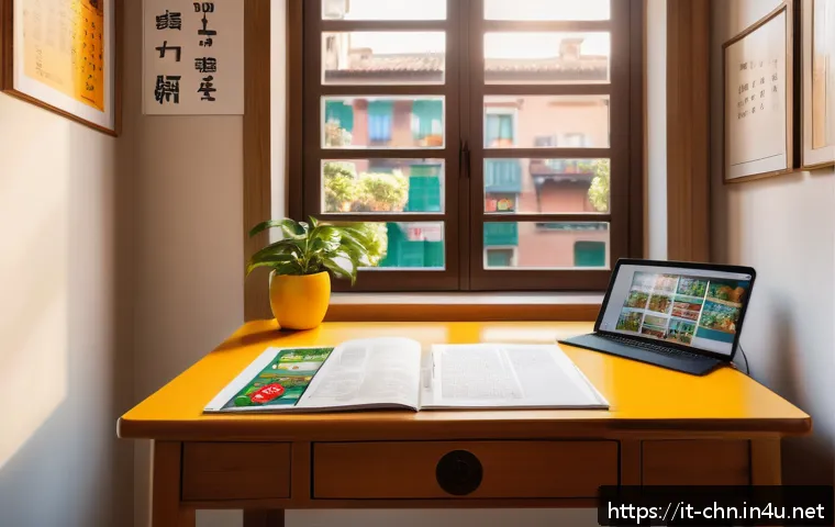 중국어 공부를 위한 온라인 리소스 - A cozy modern home study corner designed for an Italian language learner, featuring a sleek wooden d...