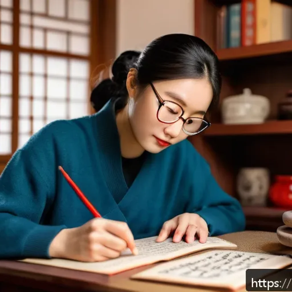 HSK 공부와 중국 문화의 상관관계 - A focused adult student studying Chinese characters at a cozy home desk, surrounded by authentic cul...