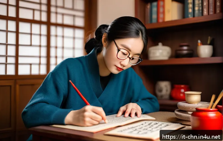 HSK 공부와 중국 문화의 상관관계 - A focused adult student studying Chinese characters at a cozy home desk, surrounded by authentic cul...