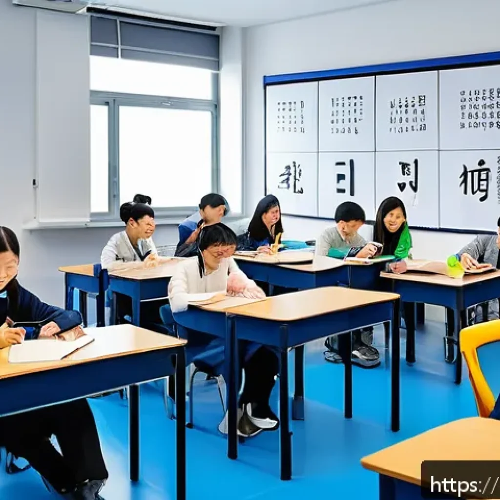 HSK 학원 선택 팁 및 리뷰 - A modern Italian classroom setting in Milan for learning Chinese, featuring a diverse group of adult...