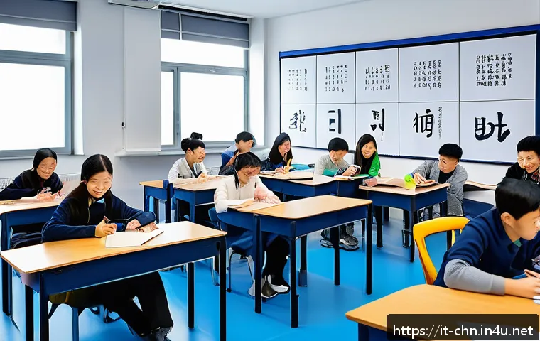 HSK 학원 선택 팁 및 리뷰 - A modern Italian classroom setting in Milan for learning Chinese, featuring a diverse group of adult...