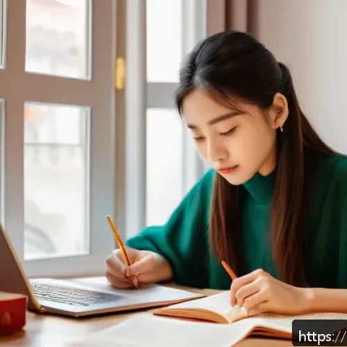 HSK 자격증의 취업 효용성 - A professional young Italian woman studying Chinese Mandarin at home, surrounded by textbooks, a lap...