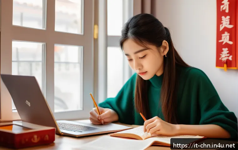 HSK 자격증의 취업 효용성 - A professional young Italian woman studying Chinese Mandarin at home, surrounded by textbooks, a lap...